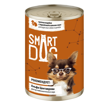 Консервы для взрослых собак и щенков кусочки индейки с перепелкой в нежном соусе Smart Dog Влажный корм 240 г