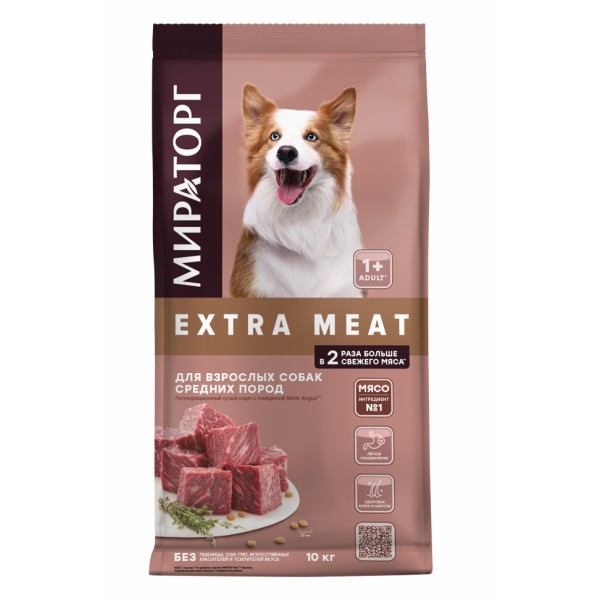 Мираторг Extra Meat сухой корм для взрослых собак средних пород, с говядиной Black Angus - 10 кг