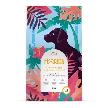 Florida сухой корм для взрослых собак средних пород с курицей и яблоком - 3...