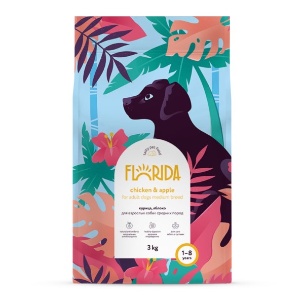 Florida сухой корм для взрослых собак средних пород с курицей и яблоком - 3 кг