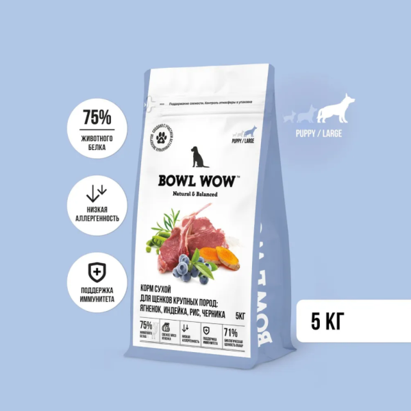 BOWL WOW сухой полнорационный корм для щенков крупных пород с индейкой, ягненком, рисом и добавлением черники - 5 кг