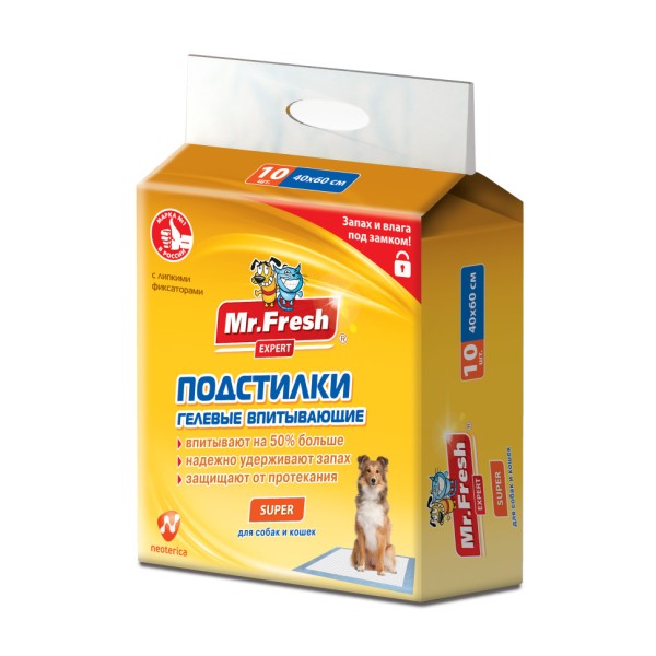 Mr.Fresh Expert Super подстилки-пеленки с повышенной впитываемостью для кошек и собак, 40 х 60 см - 10 шт