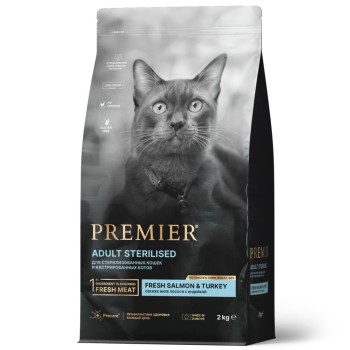 Premier Cat Salmon & Turkey Sterilised сухой корм для взрослых стерилизованных кошек, свежее филе...
