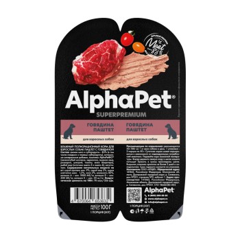 AlphaPet Superpremium влажный корм для взрослых собак с говядиной, паштет - 100 г х...