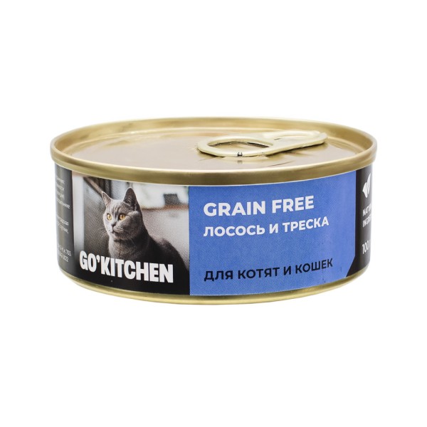 Go' Kitchen беззерновой влажный корм для взрослых кошек и котят, с лососем и треской - 100 г х 12 шт