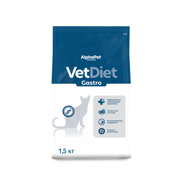 AlphaPet Vet Diet Gastro сухой диетический корм для взрослых кошек и котов при острых расстройствах пищеварения, в реабилитационный период и при истощении - 1,5 кг