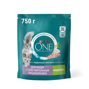 Purina One сухой корм для взрослых кошек с чувствительным пищеварением с индейкой и рисом...