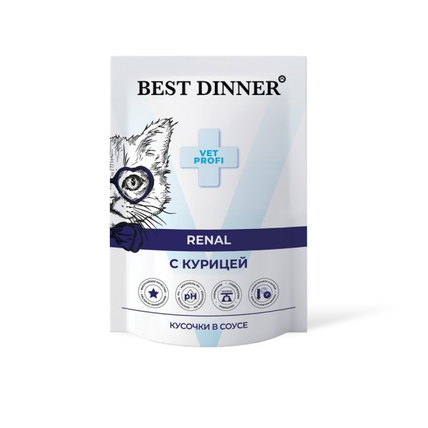 Best Dinner Exclusive Vet Profi Renal диетические паучи для взрослых кошек для профилактики заболеваний почек, с курицей, кусочки в соусе - 85 г х 24 шт