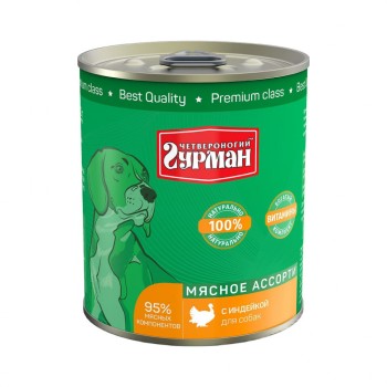 Четвероногий Гурман Мясное ассорти консервированный корм для собак с индейкой - 340 г (12...