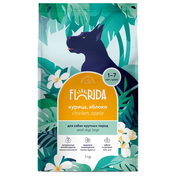 Florida сухой корм для взрослых собак крупных пород с курицей и яблоком - 3 кг