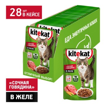 Kitekat влажный корм для кошек с говядиной в желе, в паучах - 85 г...