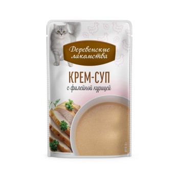 Деревенские лакомства крем-суп для взрослых кошек с филейной курицей, в паучах - 35 г...