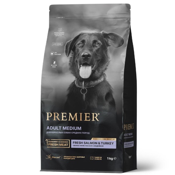 Premier Dog Salmon & Turkey Adult Medium сухой корм для собак средних пород, свежее филе лосося с индейкой - 1 кг