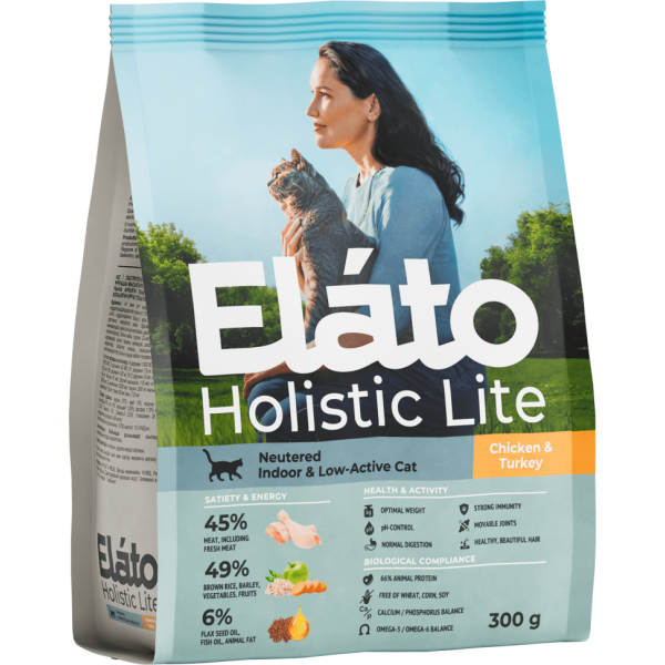 Elato Holistic Lite сухой корм для стерилизованных и домашних малоактивных кошек, с курицей и индейкой - 300 г