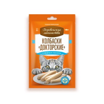 Деревенские лакомства колбаски "Докторские" для взрослых кошек с нежным лососем - 10 г х...