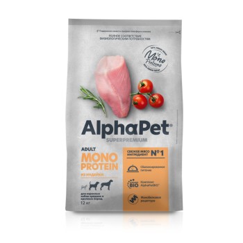 AlphaPet Superpremium Monoprotein сухой корм для взрослых собак средних и крупных пород с индейкой...