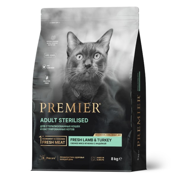 Premier Cat Sterilised Lamb&Turkey сухой корм для взрослых стерилизованных кошек со свежим мясом ягненка и индейкой - 8 кг