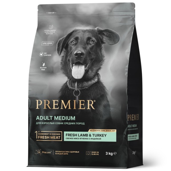 Premier Dog Lamb & Turkey Adult Medium сухой корм для собак средних пород, свежее мясо ягненка с индейкой - 3 кг