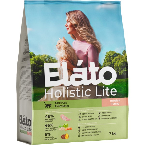 Elato Holistic Lite полнорационный сухой корм для взрослых кошек, с кроликом и индейкой - 7 кг