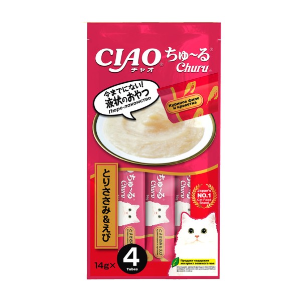 Inaba Ciao Churu лакомство-пюре для кошек с куриным филе и креветкой - 14 г х 4 шт
