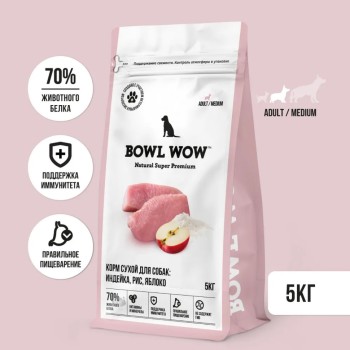 BOWL WOW сухой корм для взрослых собак средних пород с индейкой, рисом и яблоком...