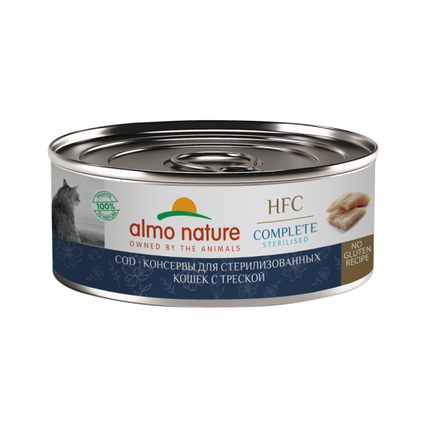 Almo Nature HFC Complete Sterilised Cod влажный корм для взрослых стерилизованных кошек и котят с 3-х месяцев, с треской, в консервах - 100 г х 12 шт