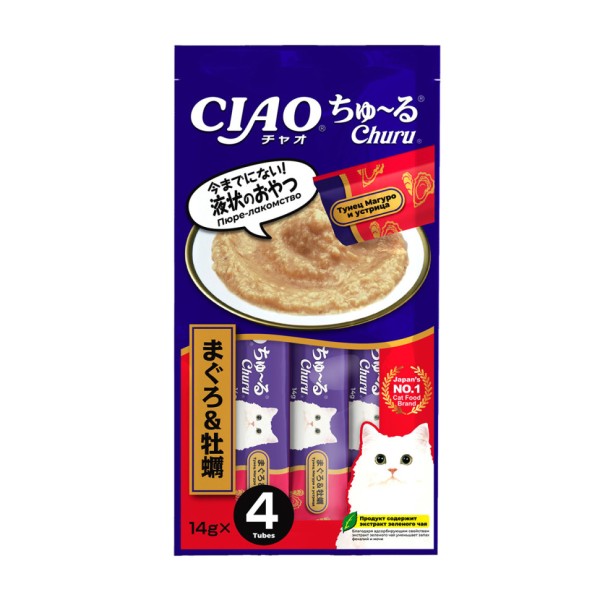 Inaba Ciao Churu лакомство-пюре для кошек с тунцом Магуро и устрицей - 14 г х 4 шт