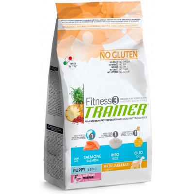 Корм для средних и крупных щенков с лососем и рисом Trainer Fitness3 No Gluten Puppy Medium & Maxi 12,5 кг