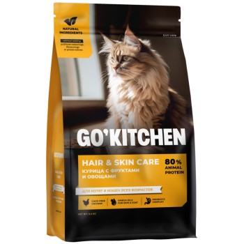 Go' Kitchen HAIR+SKIN Care сухой корм для котят и кошек, с курицей, фруктами и...
