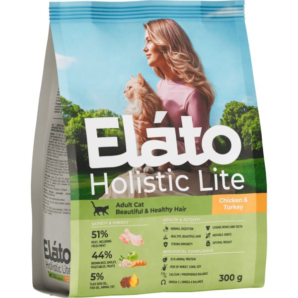 Elato Holistic Lite сухой корм для взрослых кошек для красивой и здоровой шерсти, с курицей и индейкой - 300 г