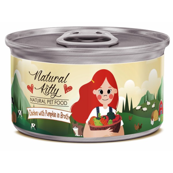 Pettric Natural Kitty влажный корм для взрослых кошек с курицей и тыквой в бульоне, в консервах - 80 г х 24 шт