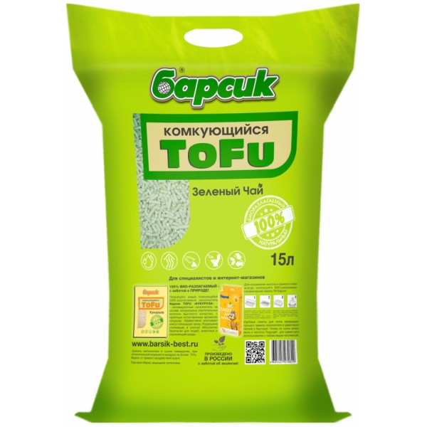 Барсик ToFu наполнитель комкующийся Зелёный чай -15 л