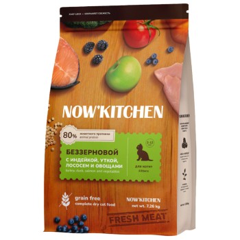 NOW' Kitchen сухой беззерновой корм для котят, со свежей индейкой, уткой, лососем и овощами...