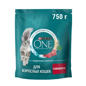 Purina One сухой корм для взрослых кошек с говядиной и цельными злаками - 750...
