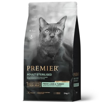 Premier Cat Lamb & Turkey Sterilised сухой корм для взрослых стерилизованных кошек, свежее мясо...
