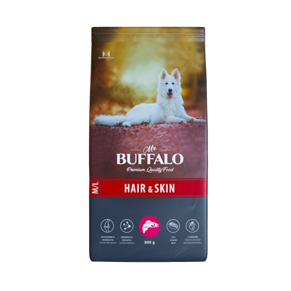 Mr.Buffalo Hair & Skin Care полнорационный сухой корм для взрослых собак всех пород, для здоровой кожи и красивой шерсти, с лососем - 800 г