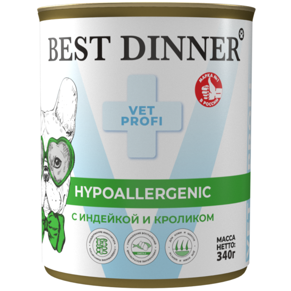 Best Dinner Exclusive Hypoallergenic консервы для собак при проблемах пищеварения c индейкой и кроликом - 340 г х 6 шт