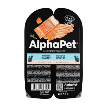 AlphaPet Superpremium влажный корм для взрослых кошек с лососем, паштет - 80 г х...