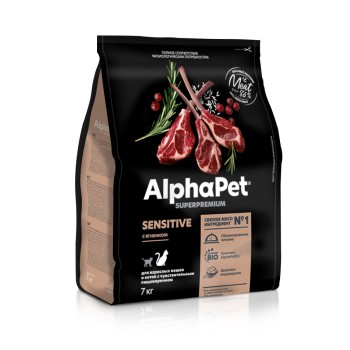 AlphaPet Superpremium полнорационный сухой корм для взрослых кошек с чувствительным пищеварением, с ягненком -...