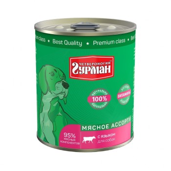Четвероногий Гурман Мясное ассорти консервированный корм для собак с языком - 340 г (12...