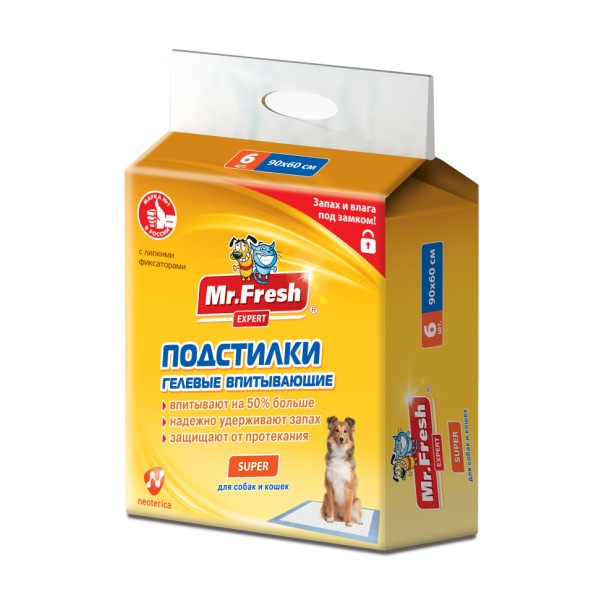 Mr.Fresh Expert Super подстилки-пеленки с повышенной впитываемостью для кошек и собак, 90 х 60 см - 6 шт