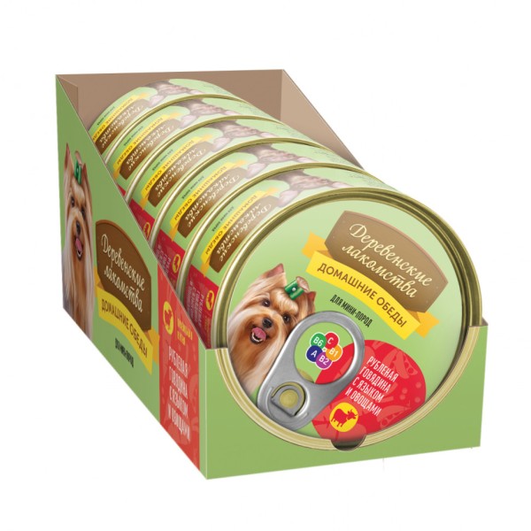 Консервы для мини пород Деревенские лакомства Домашние обеды Рубленая говядина с языком и овощами - 100 г х 5 шт