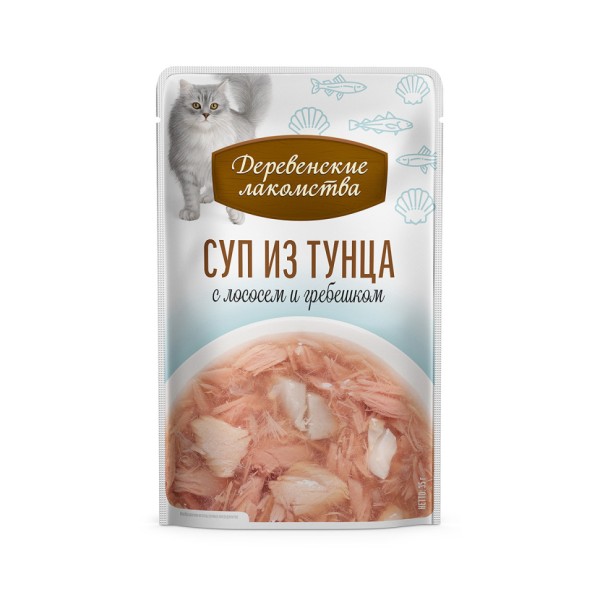 Деревенские лакомства суп для взрослых кошек из тунца с лососем и гребешком, в паучах - 35 г х 4 шт