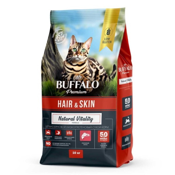 Mr.Buffalo Adult Hair & Skin сухой корм для взрослых кошек с чувствительной кожей, с лососем - 10 кг