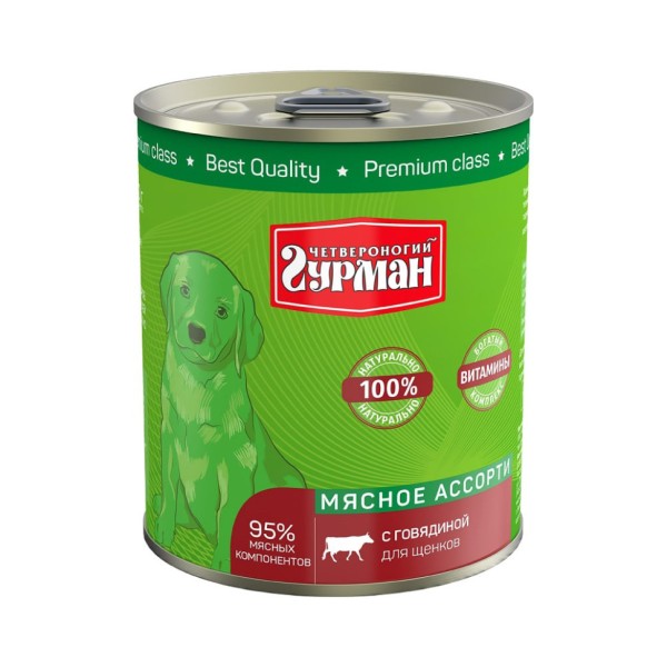 Четвероногий Гурман Мясное ассорти консервированный корм для щенков с говядиной - 340 г (12 шт)