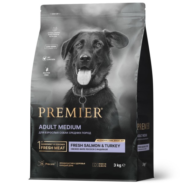 Premier Dog Salmon & Turkey Adult Medium сухой корм для собак средних пород, свежее филе лосося с индейкой - 3 кг