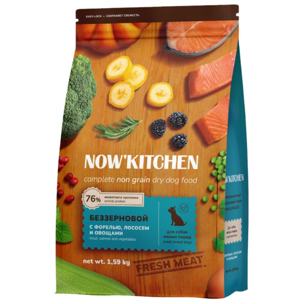 NOW' Kitchen сухой беззерновой корм для взрослых собак малых пород, со свежей форелью и лососем - 1,59 кг