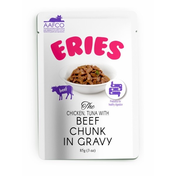 Pettric ERIES влажный корм для кошек с говядиной, курицей и тунцом, кусочки в соусе, в паучах - 85 г х 12 шт