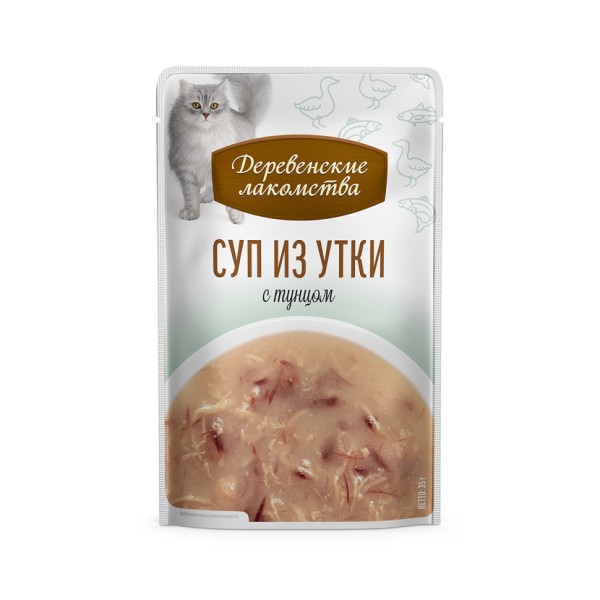 Деревенские лакомства суп для взрослых кошек из утки с тунцом, в паучах - 35 г х 4 шт