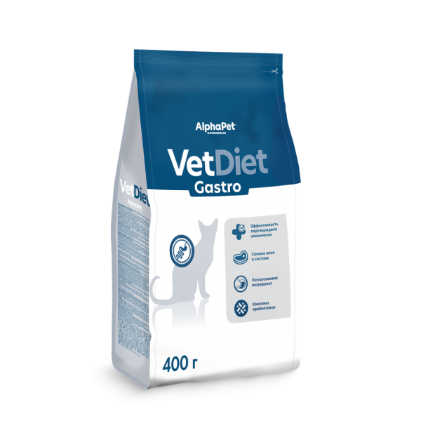 AlphaPet Vet Diet Gastro сухой диетический корм для взрослых кошек и котов при острых расстройствах пищеварения, в реабилитационный период и при истощении - 400 г